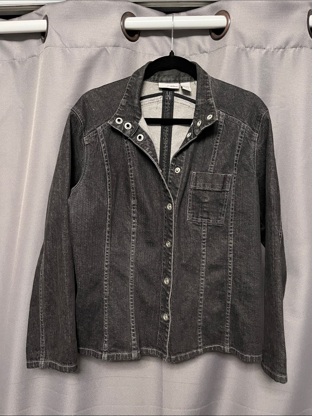 Chico's Washed Charcoal Denim Jacket with Eyelet Collar